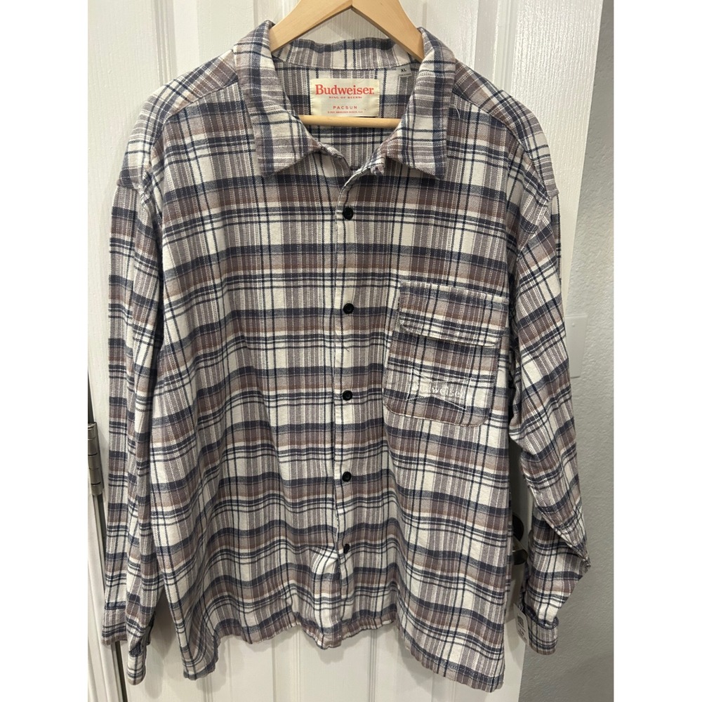Budweiser‎ PacSun Mens XL Plaid Flannel Shirt Long Sleeve Embroidered Brown Grey